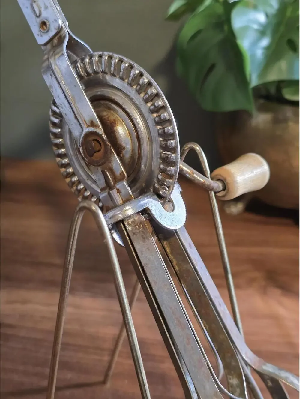 Vintage Rotary Hand Mixer / Egg Beater with Wooden Handles & Display Stand